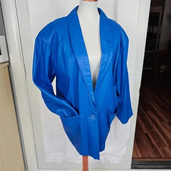 80s Retro Blue Leather Blazer Jacket Vintage Size L - Picture 4 of 16